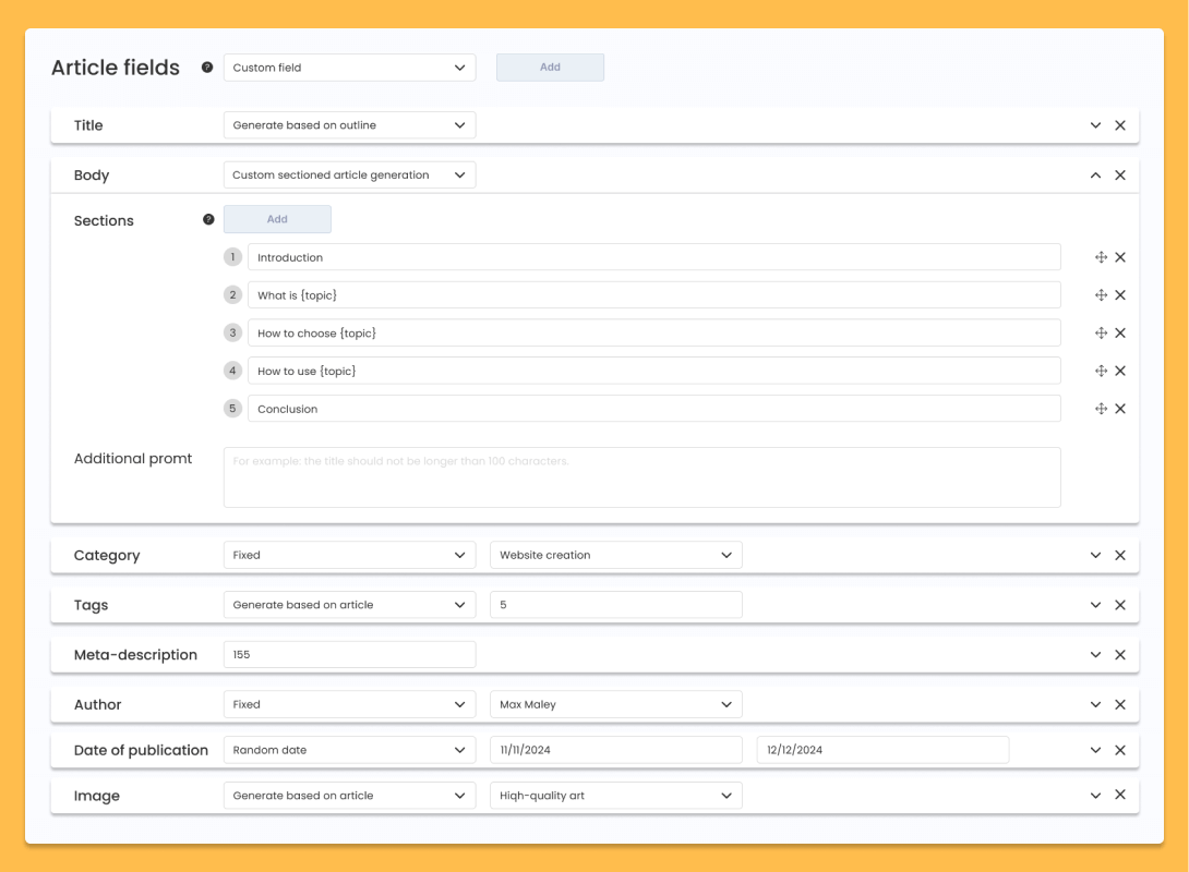 Article Fields Configuration - AIWU Bulk Content Generator