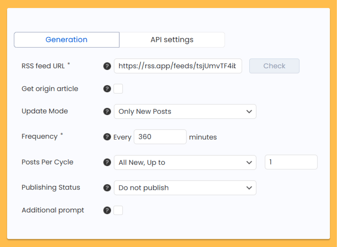 RSS Feed Setup Interface - AIWU Autoblogging