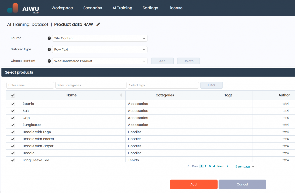 Datasets section