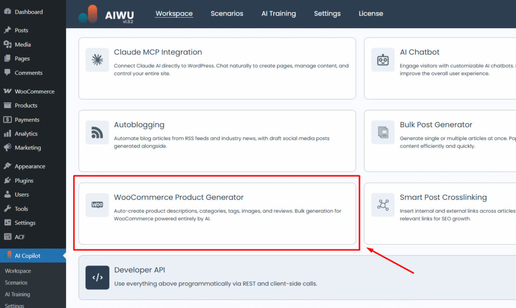 WooCommerce Product Generator tile in AIWU Workspace 