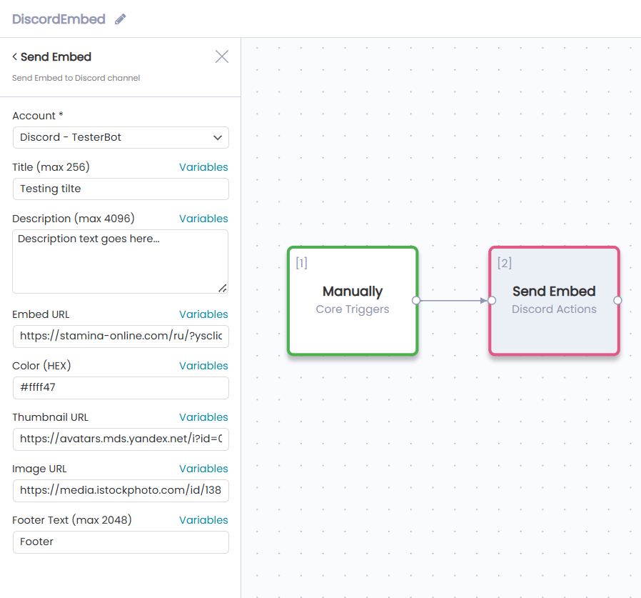 Send Embed configuration panel with all fields filled