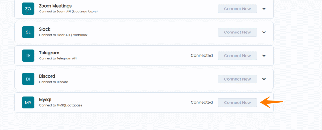AIWU Integrations list showing MySQL integration with Connect New button