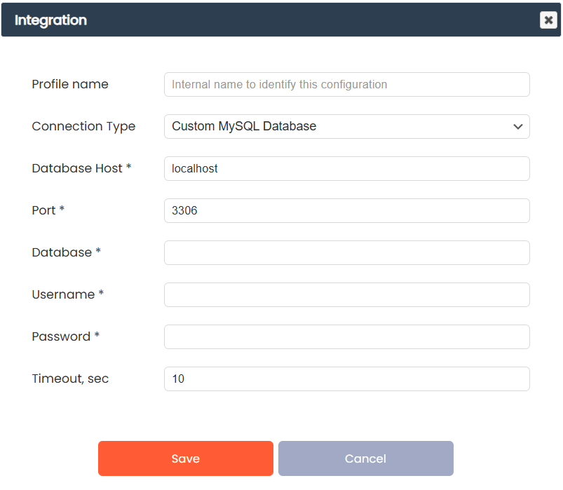 MySQL Integration configuration dialog with connection type host port database username and password fields
