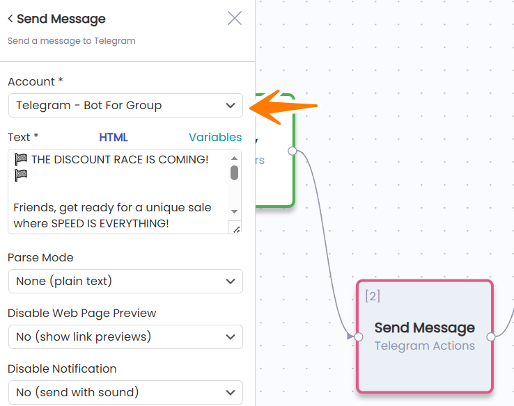 Send Message action settings panel showing Account selector, Text field with HTML support, Parse Mode, Web Page Preview and Notification options