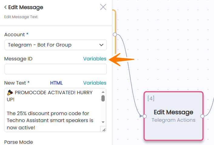 Edit Message action settings panel with Account selector, Message ID field and New Text input