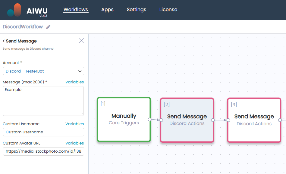 Send Message configuration panel with example values